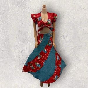 Vtg BARBIE BEST BUY #7209 Blue And Red Floral Polka Dot Swirl skirt  top 1975
